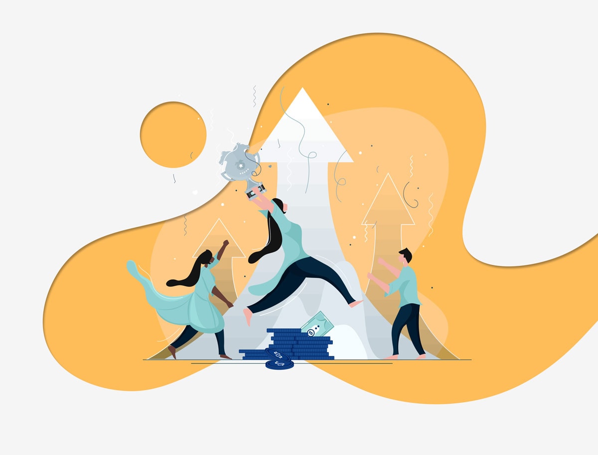 Illustration of a team celebrating financial growth, with upward arrows, coins, cash, and a raised trophy.