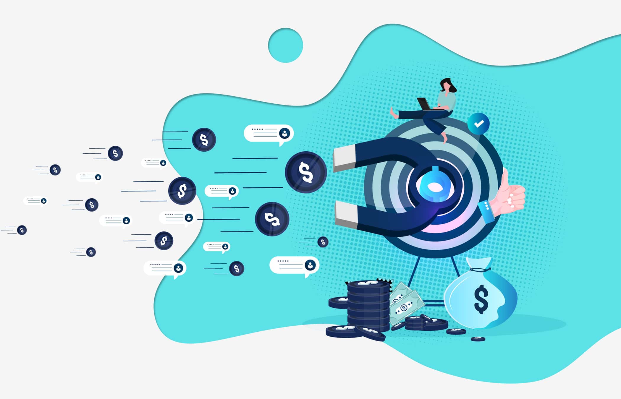 Illustration of a magnet attracting dollar coins and customer messages toward a target and money bag.