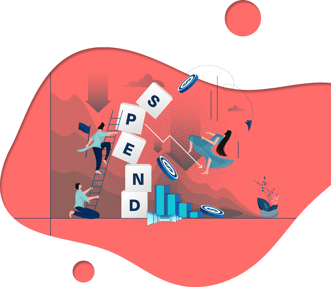 Illustration of people navigating falling SPEND blocks, declining charts, and coins representing reduced business spending.