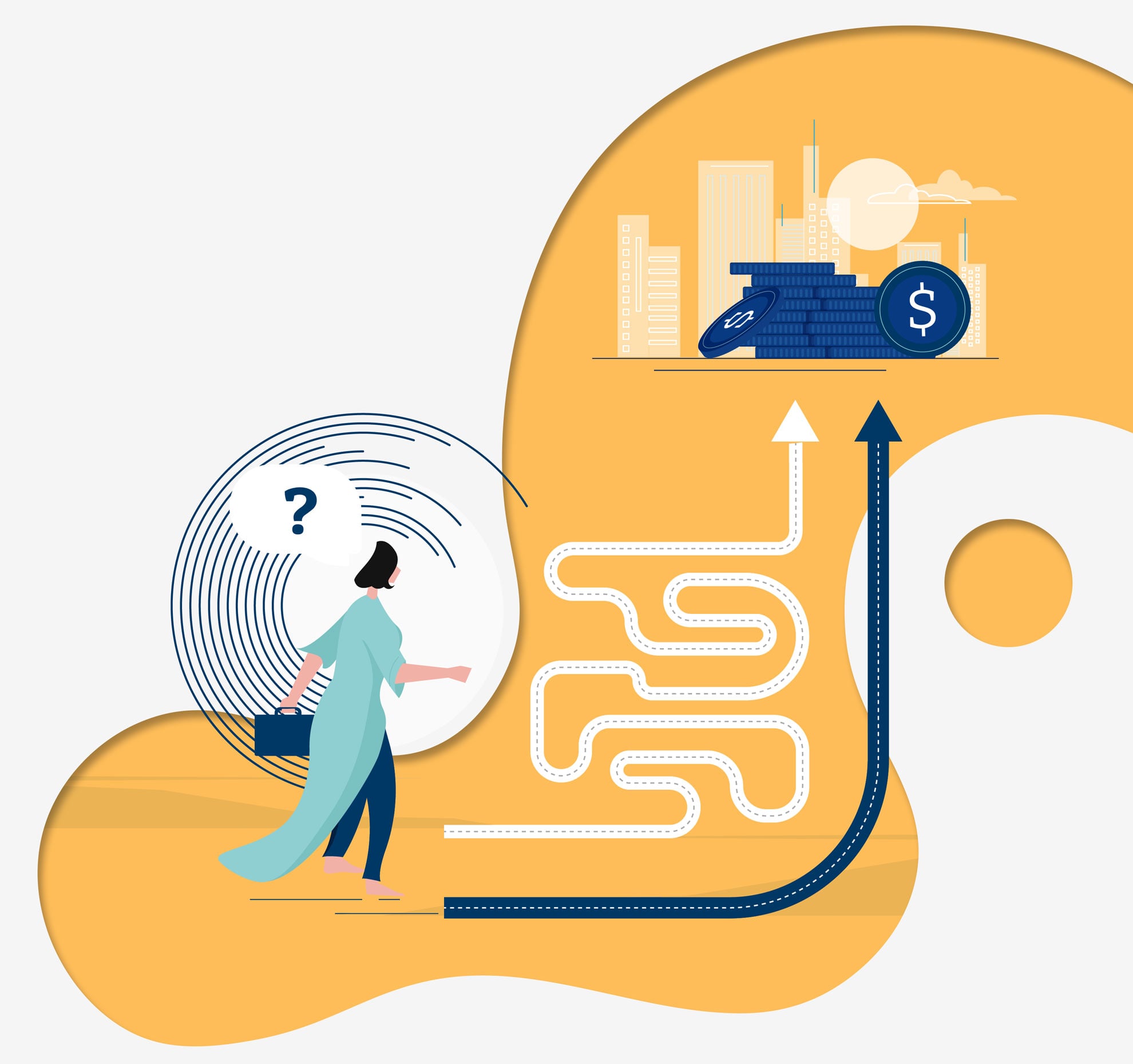 Illustration of a businesswoman choosing between different paths leading toward financial growth and success.