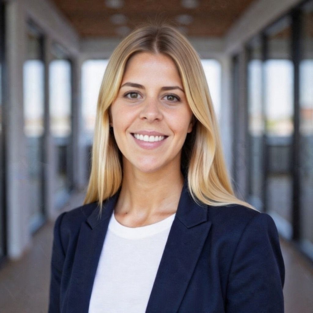 Professional woman smiling in a modern office corridor.