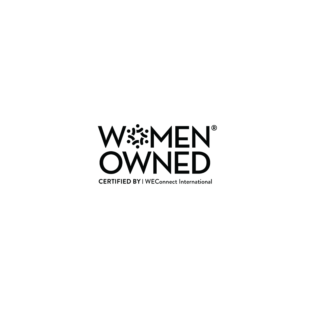 Women owned business logo with bold text and graphic elements.