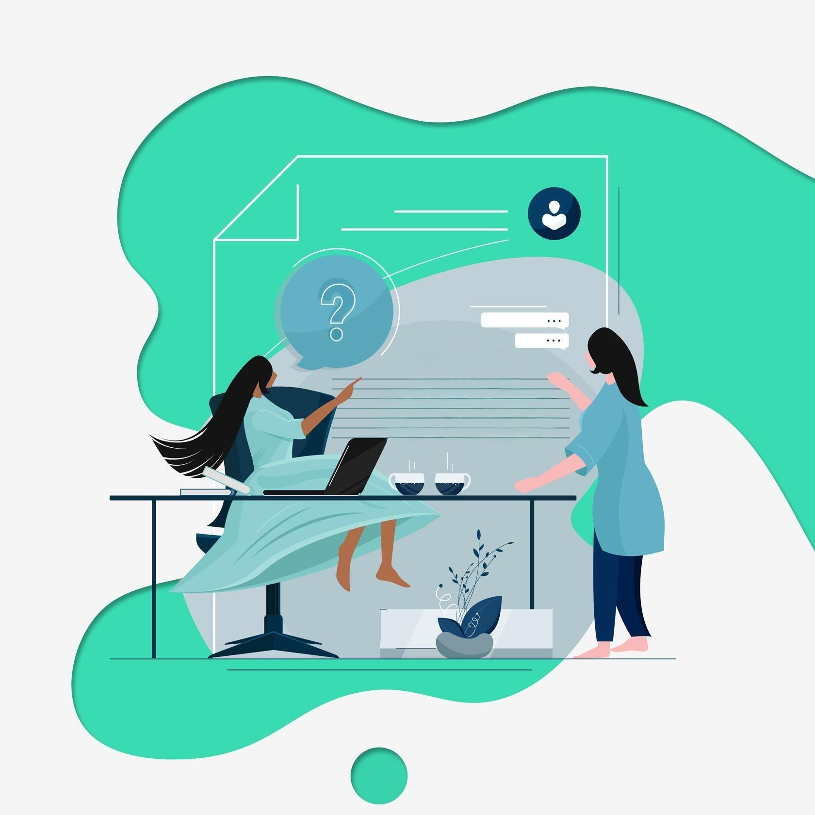Two women discussing customer support and service management in an office.