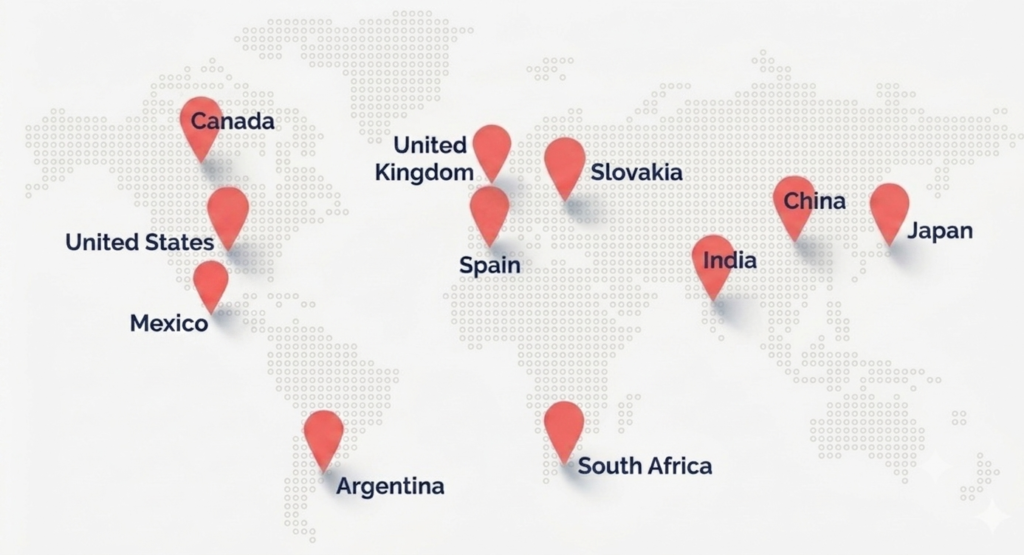 A picture of a map that has pins showing locations that SDI operates such as Canada, US, UK, Slovakia, Japan, China, India, Argentina, Mexico, South Africa.​