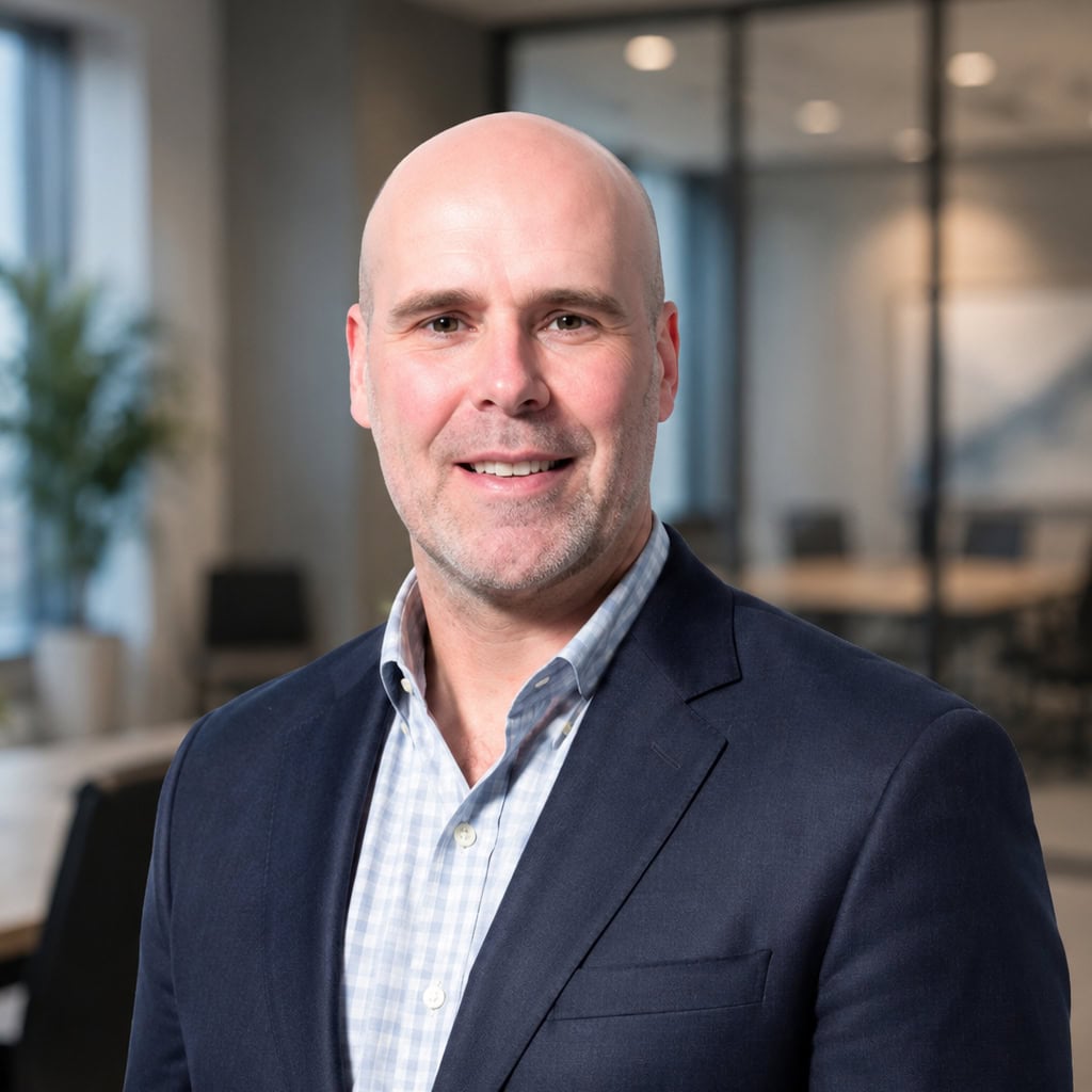 Professional man in business suit smiling in modern office setting.